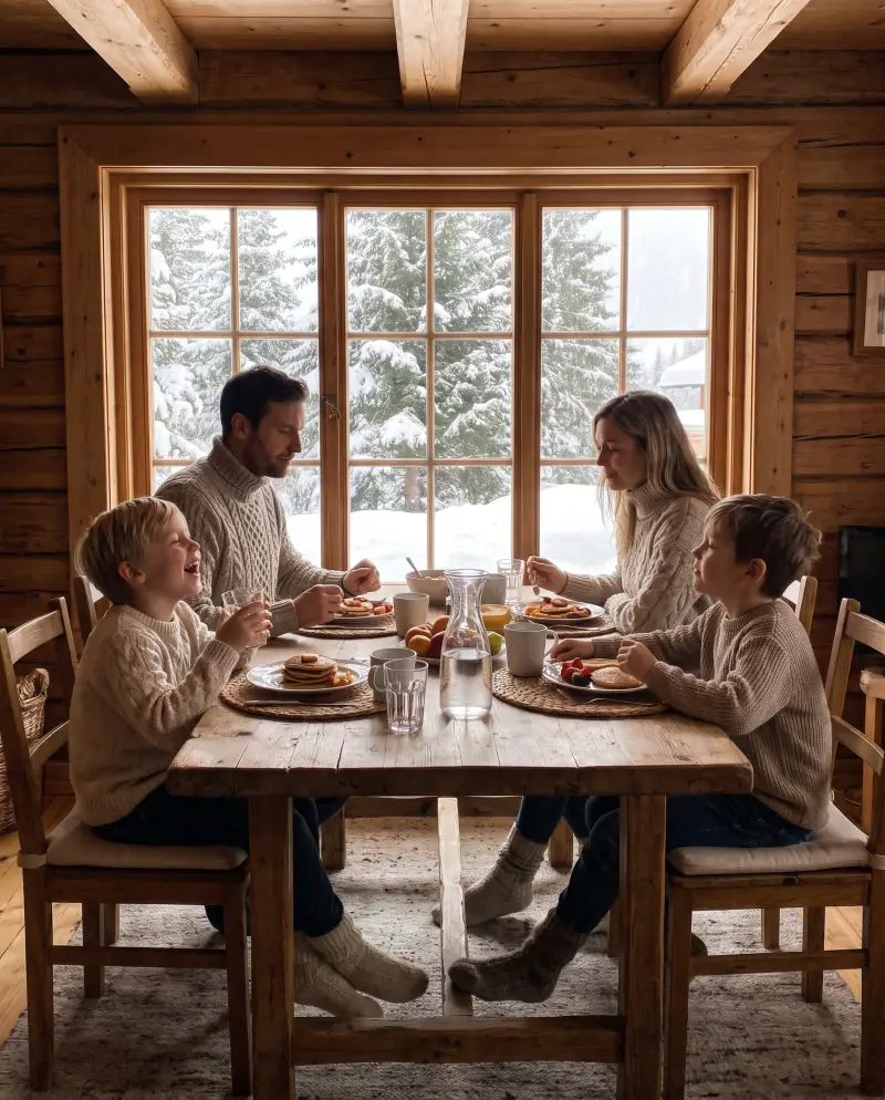 Une famille déjeune au chalet, des verres d'eau sur la table