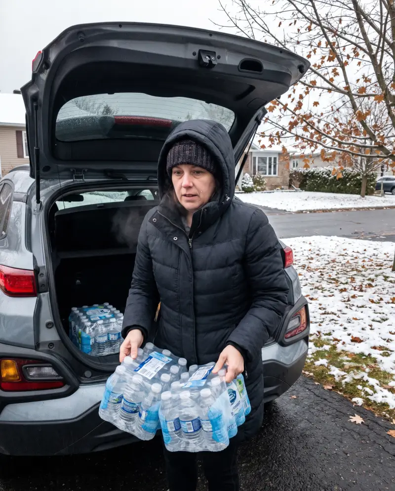 Une femme sort deux caisses de bouteilles d'eau du coffre de sa voiture, en novembre