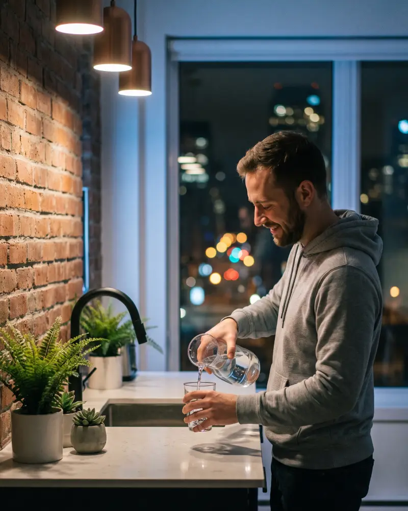 Un homme verse de l'eau dans un verre dans la cuisine de son condo