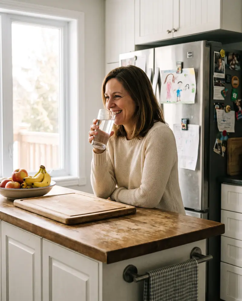 Une femme boit un verre d'eau dans la cuisine de sa maison